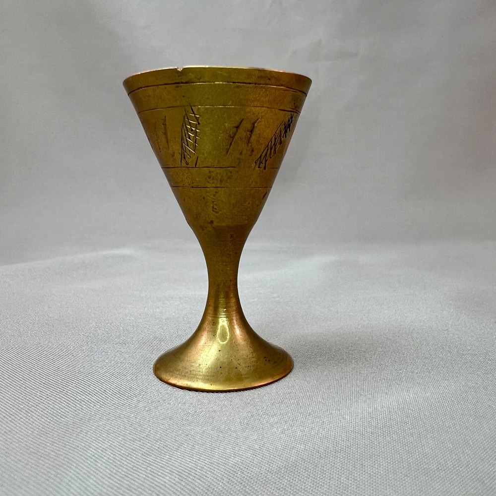 Vintage Etched Brass Mini Chalice Small Goblet Ritual Cup Gold Patina